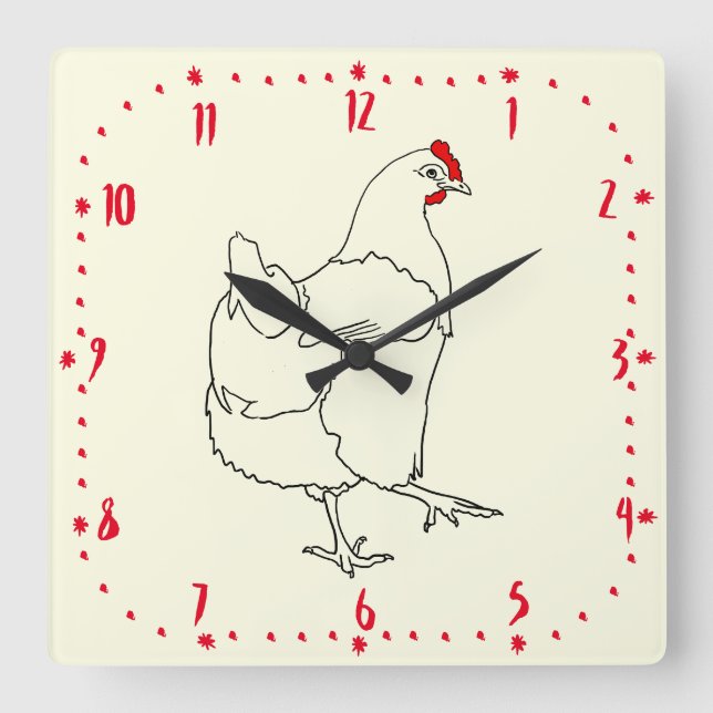 Hühnerzeit Cartoon Hen Zeichne Tierart Quadratische Wanduhr (Vorderseite)