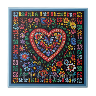 Huichol Loteria Keramik Tile: El Corazon Tile Fliese