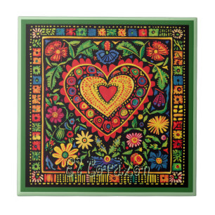 Huichol Loteria Keramik Tile: El Corazon Tile Fliese