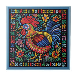 Huichol Loteria Keramik Tile: El Gallo Tile Fliese