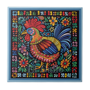 Huichol Loteria Keramik Tile: El Gallo Tile Fliese