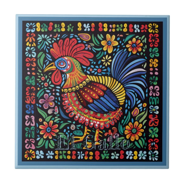 Huichol Loteria Keramik Tile: El Gallo Tile Fliese (Vorderseite)