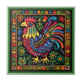 Huichol Loteria Keramik Tile: El Gallo Tile Fliese