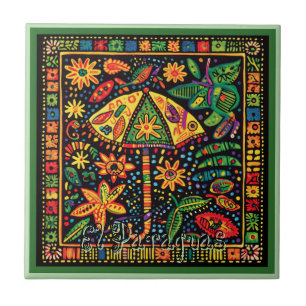Huichol Loteria Keramik Tile: El Paraguas Tile Fliese