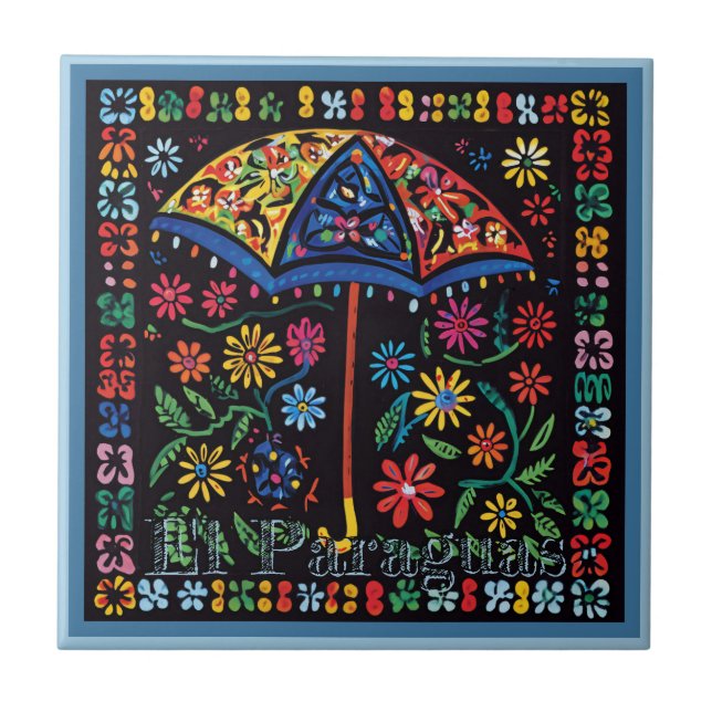 Huichol Loteria Keramik Tile: El Paraguas Tile Fliese (Vorderseite)