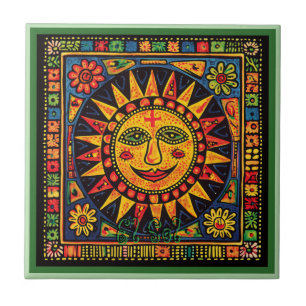 Huichol Loteria Keramik Tile: El Sol Keramik Fliese