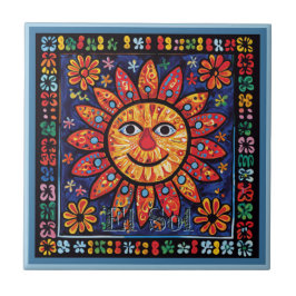 Huichol Loteria Keramik Tile: El Sol Keramik Tile Fliese