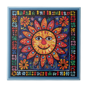 Huichol Loteria Keramik Tile: El Sol Keramik Tile Fliese