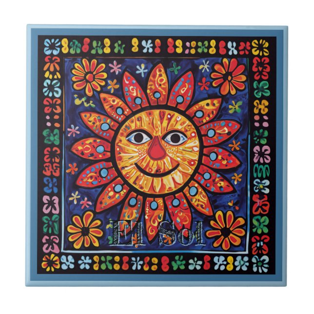 Huichol Loteria Keramik Tile: El Sol Keramik Tile Fliese (Vorderseite)