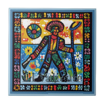 Huichol Loteria Keramik Tile: El Valiente