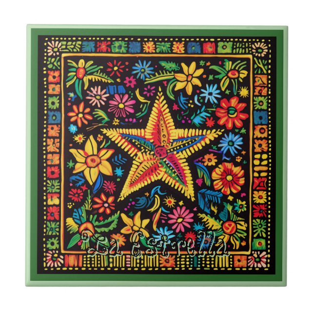 Huichol Loteria Keramik Tile: La Estrella Tile Fliese (Vorderseite)