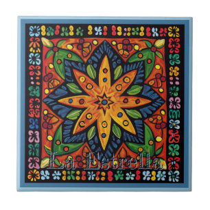 Huichol Loteria Keramik Tile: La Estrella Tile Fliese