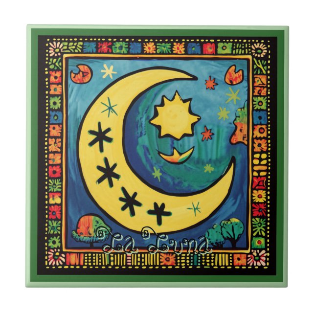 Huichol Loteria Keramik Tile: La Luna Keramik Tile Fliese (Vorderseite)