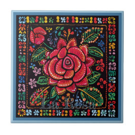 Huichol Loteria Keramik Tile: La Rosa Keramik Tile Fliese