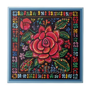 Huichol Loteria Keramik Tile: La Rosa Keramik Tile Fliese