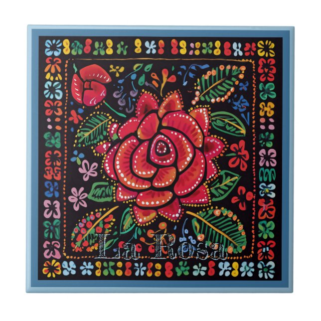 Huichol Loteria Keramik Tile: La Rosa Keramik Tile Fliese (Vorderseite)