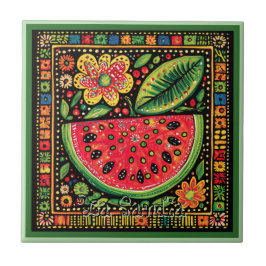 Huichol Loteria Keramik Tile: La Sandia Tile Fliese