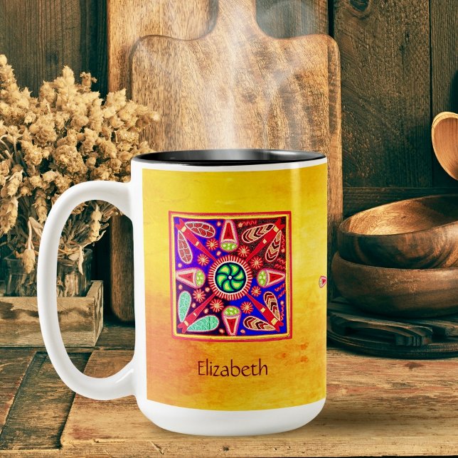 Huichol Mexikanische Kunst Bohemisch farbenfroh Zweifarbige Tasse (Enjoy your coffee in our personalized Huichol Mexican Art Bohemian Colorful Mug—vibrant and unique!)