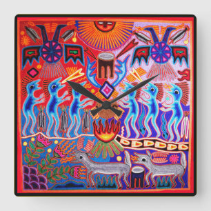 Huichol Ritual Peyote Ceremony Wall Clock Quadratische Wanduhr
