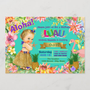Hula Girl Flamingo Hawaiian Luau Birthday Party Einladung