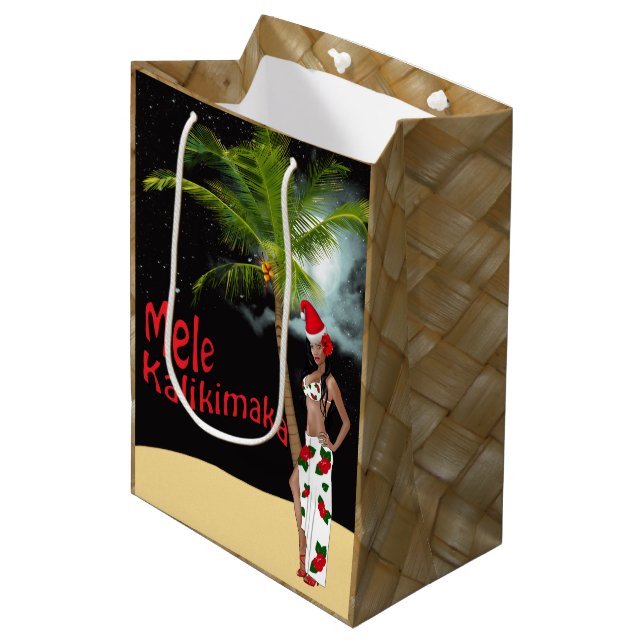 Hula Mädchen Mele Kalikimaka Weihnachtsmedium Mittlere Geschenktüte (Vorderseite Schrägansicht)
