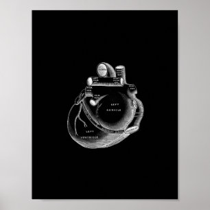 Human Heart Anatomy in Black and White Print Poster