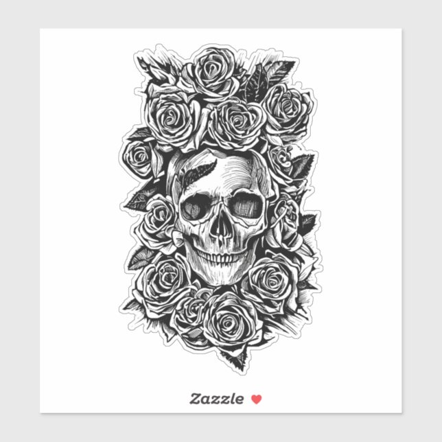 Human Skull Roses Goth Biker Art Illustration   Aufkleber (Blatt)