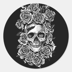 Human Skull Roses Goth Biker Art Illustration  Runder Aufkleber