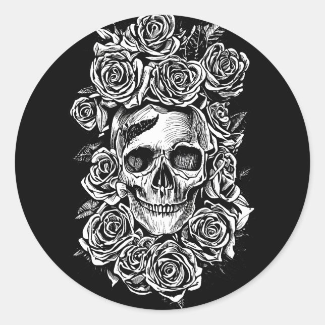 Human Skull Roses Goth Biker Art Illustration  Runder Aufkleber (Vorderseite)
