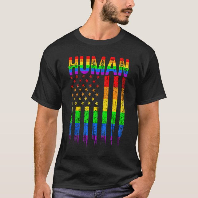 Human USA Flag LGBT Gay Pride Month Rainbow Suppor T-Shirt (Vorderseite)