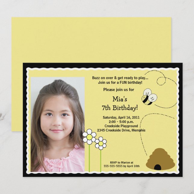 Humble Bee Birthday Einladung Foto Vorlage (Vorne/Hinten)