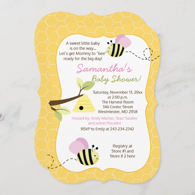 Humble Bee Pink Girl Baby Dusche Einladung (Vorne/Hinten)