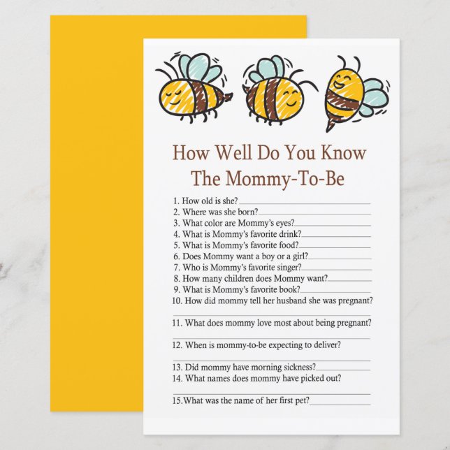 Humle Bee Wie gut kennen Sie das Baby-Dusche-Spiel (Vorne/Hinten)