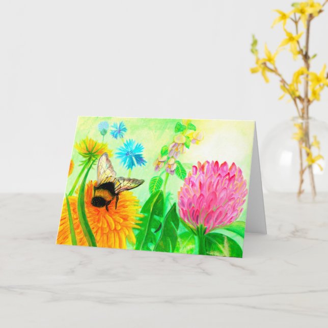 Hummel auf der Löwenzunge Geburtstag Karte (Gelbe Blume)