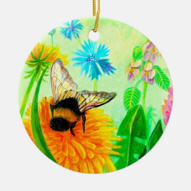 Hummel auf einer Dandelion-Blume-Illustration Keramik Ornament (Vorne)