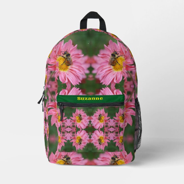 Hummel auf rosa Daisy Blume Personalisiert Bedruckter Rucksack (Vorderseite)