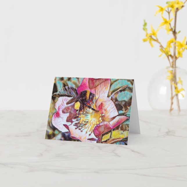 Hummel auf Rose Ölgemälde Grußkarte Karte (Gelbe Blume)