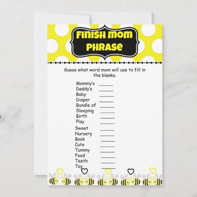 Hummel Bee Finish Mommy's Phrasen Baby Shower Game (Vorderseite)