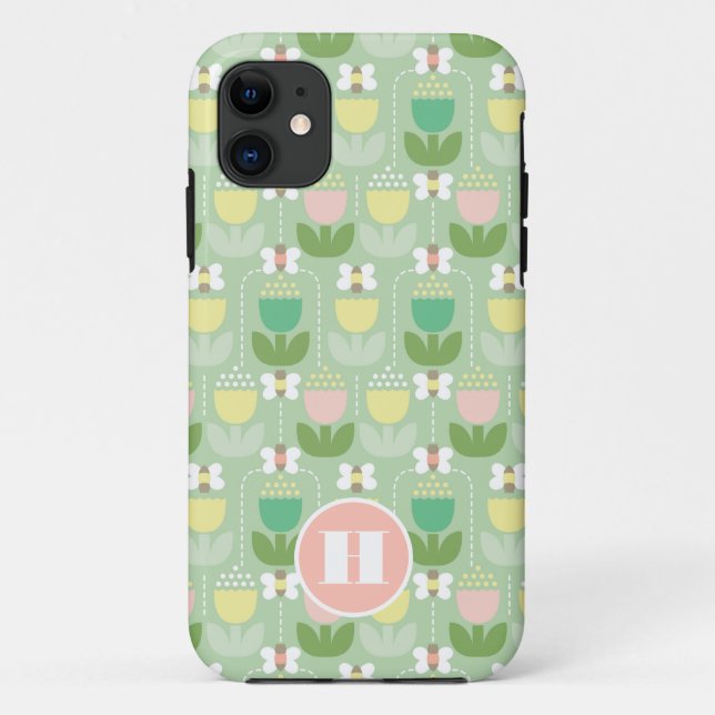 Hummel Bee & Tulips rosa & grüne Monogramm Case-Mate iPhone Hülle (Rückseite)