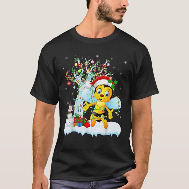 Hummel Bee Xmas Lighting Bäume Weihnachtsmannmütze T-Shirt (Vorderseite)