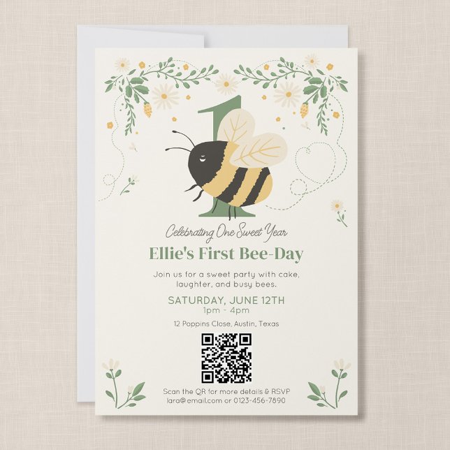 Hummel Erste Biene-Tag-Party-QR-Code Einladung (Wildflower Flight - First Bee Day Invitation with QR Code)