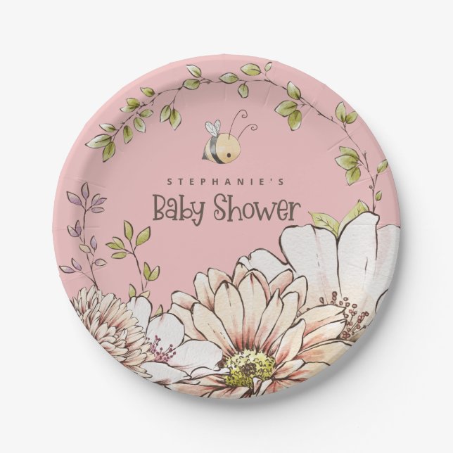 Hummel Florals Name Baby Pink Dusche Pappteller (Vorderseite)