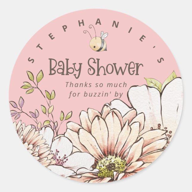 Hummel Florals Name Danke Baby Pink Dusche Runder Aufkleber (Vorderseite)