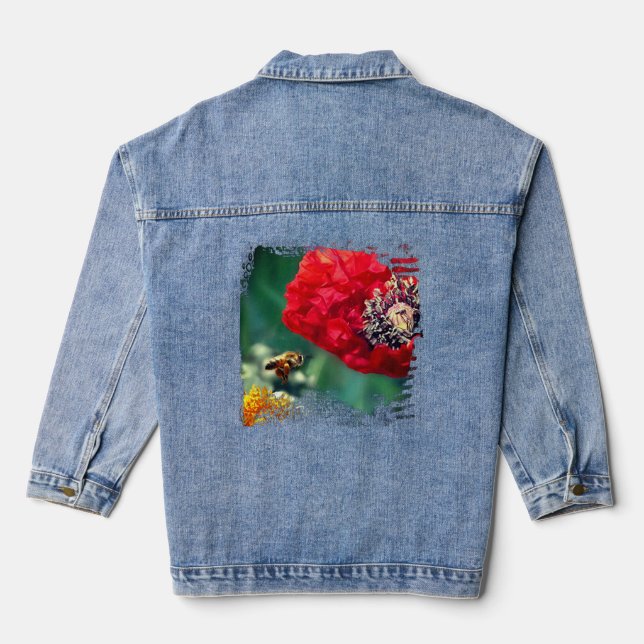 Hummel mit Rotem Mohn Floral Modern Jeansjacke (Rückseite)