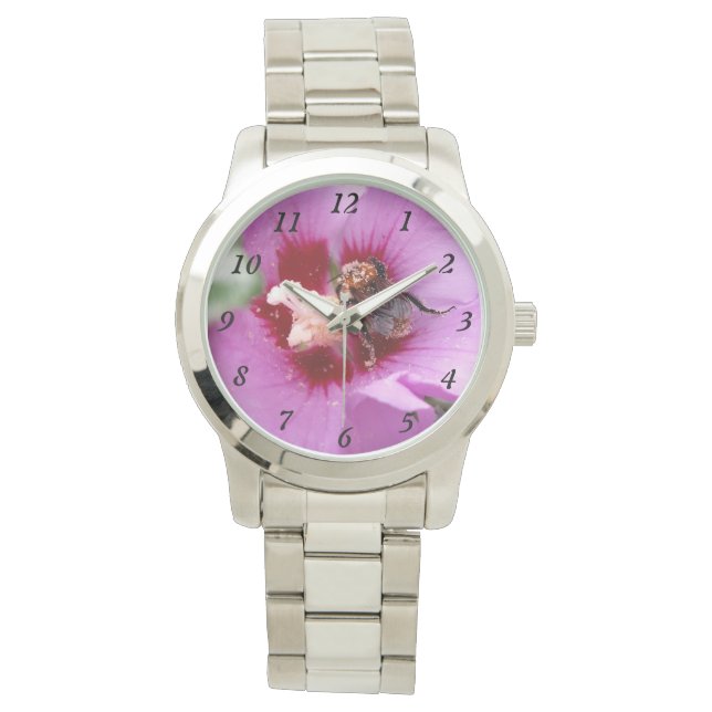 Hummeln auf Hibiskus Blume Armbanduhr (Vorderseite)