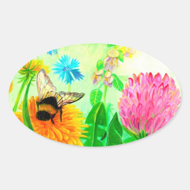 Hummeln auf Löwenzahn Ovaler Aufkleber (Vorderseite)