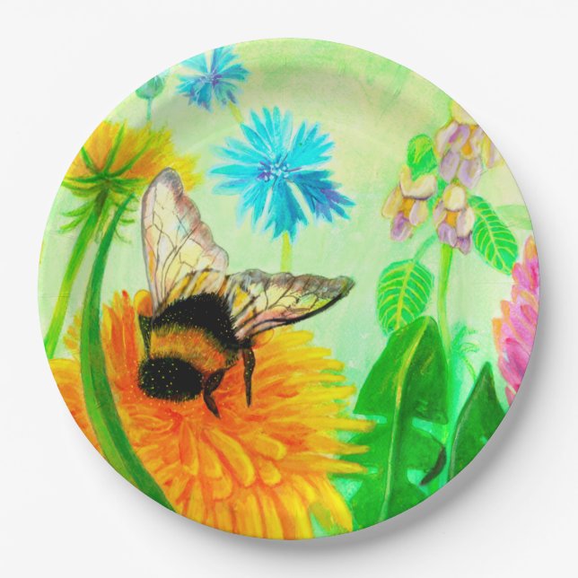 Hummeln auf Löwenzahn Pappteller (Vorderseite)