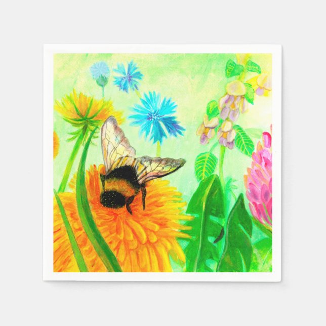 Hummeln auf Löwenzahn Serviette (Vorderseite)