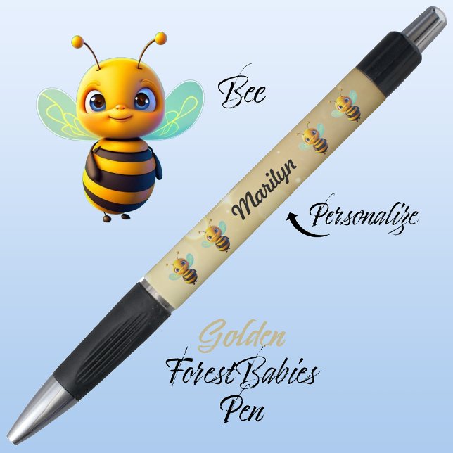 Hummeln, Niedliches Bienendesign, Honeybee Golden  Kugelschreiber (Cute Whimsical Bee Cartoon Graphic, Gold Personalizable ForestBabies Pen 🐝)
