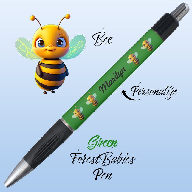 Hummeln, Niedliches Geschenk für Spaß, Honigbiene  Kugelschreiber (Cute Whimsical Bee Cartoon Graphic, Green Personalizable ForestBabies Pen 🐝)